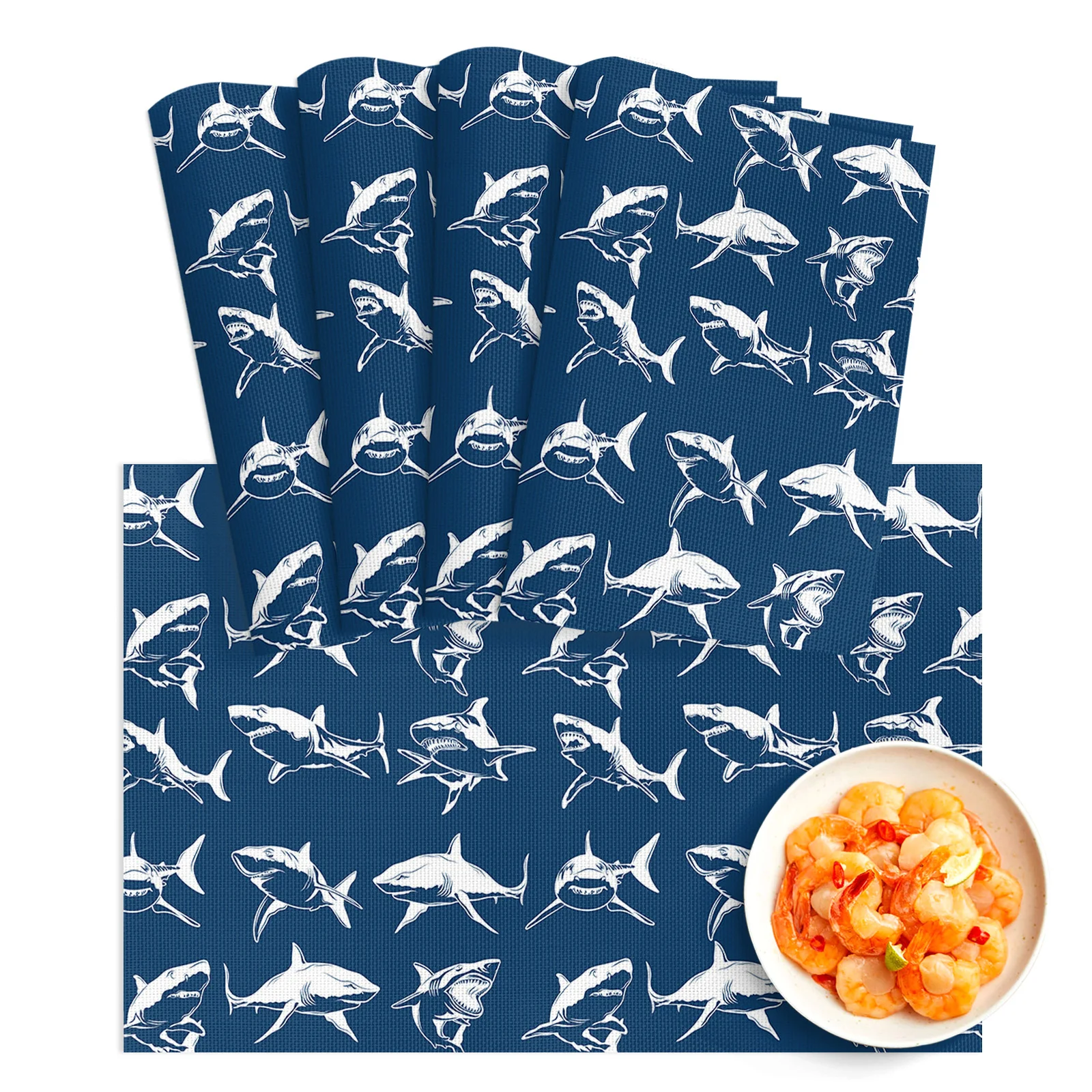 

4/6pcs Placemat Shark Texture Silhouette Blue White Restaurant Kitchen Accessories PVC Dining Table Mats Disc Bowl Coaster Pad