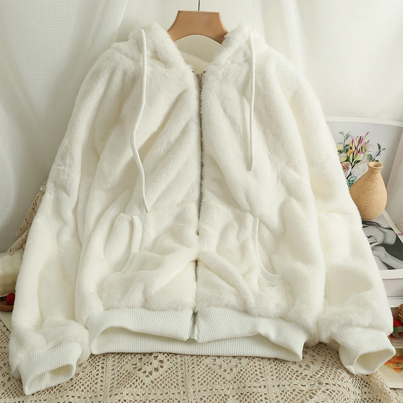 Korean Fashion Loose Faux Fur Woman Drawstring Hooded Plush Winter Coat Female Zipper Long Sleeve Solid Color Top Dropshipping