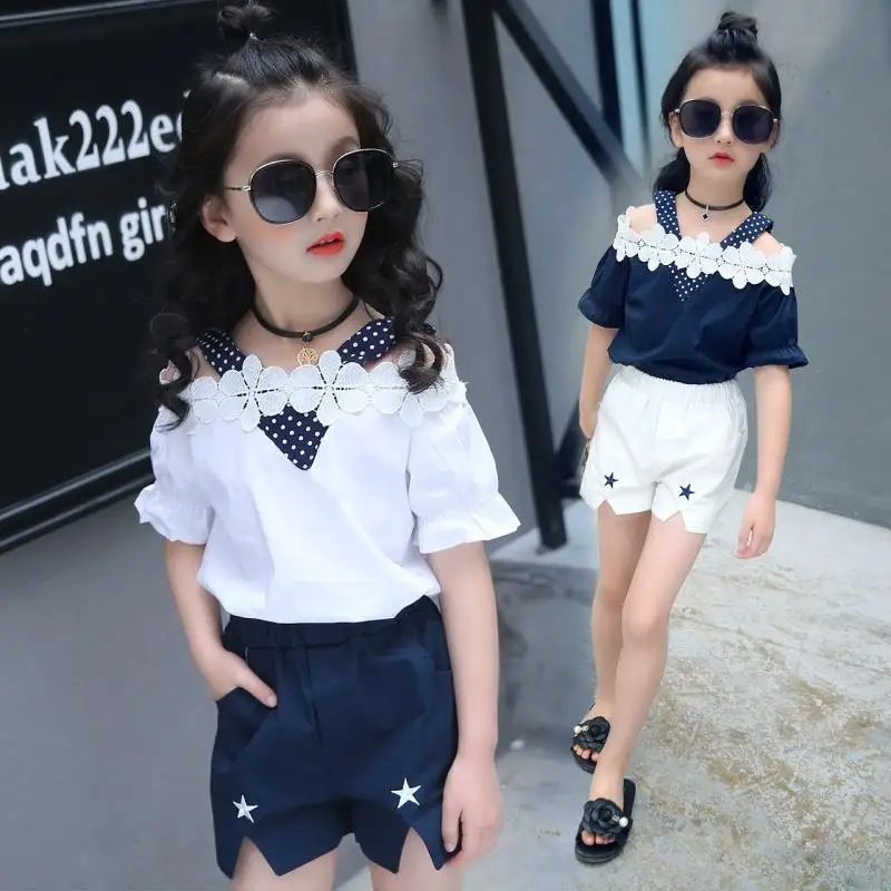 

2022 Girls Summer Sets 7 9y Short-sleeved Casual Tracksuit Shorts Patchwork 2 Piece Set Summer Suits for Kids Girls School Party