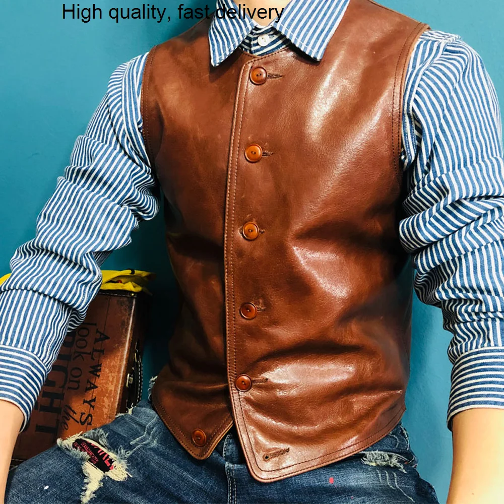 

Fashion Motorcycle Old Mens Cowhide Vest Coat Japanese Designer Summer Fashion Retro Tank Waistcoat For Man Streetwear S 4XL