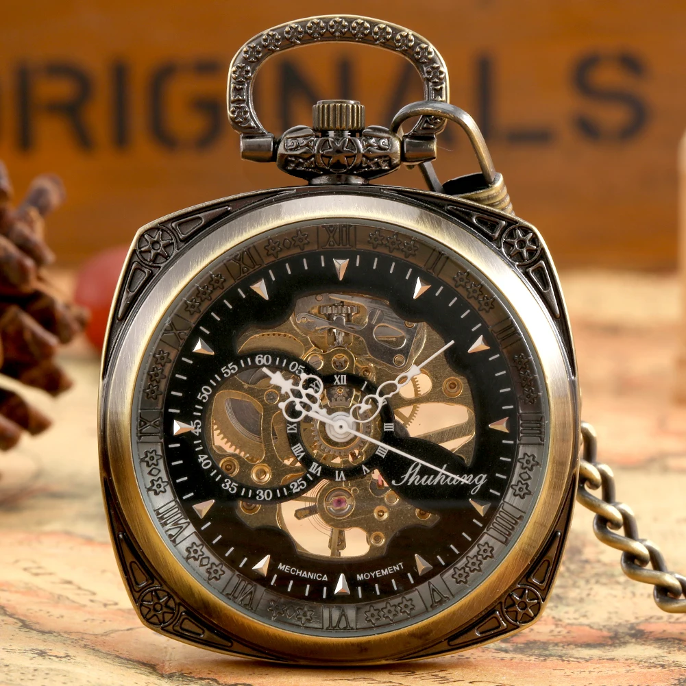 Open Face Square Bronze Mechanical Pocket Watch Fob Chain Manual Mechanism Pendant  Exquisite Vintage Antique Timepiece Male