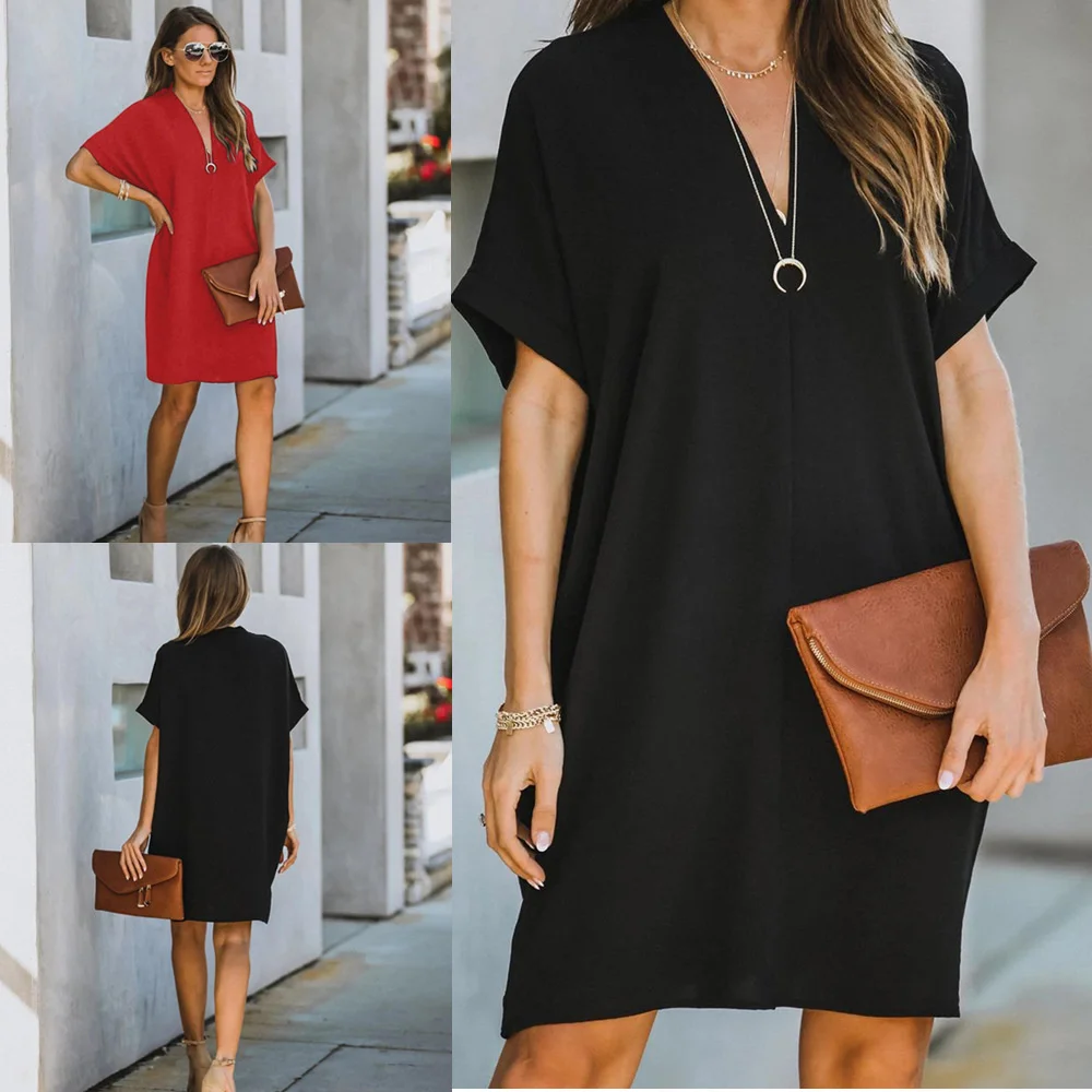 2023 The fashion hit women's V-neck short-sleeved solid color loose dress black dress