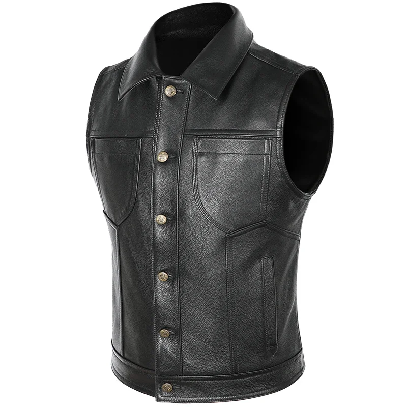 

High Quality Motorcyle Men Biker Cowhide Leather Waistcoat Genuine Vest Lapel Single-breasted Sleeveless Jackets Moto Waist Coat