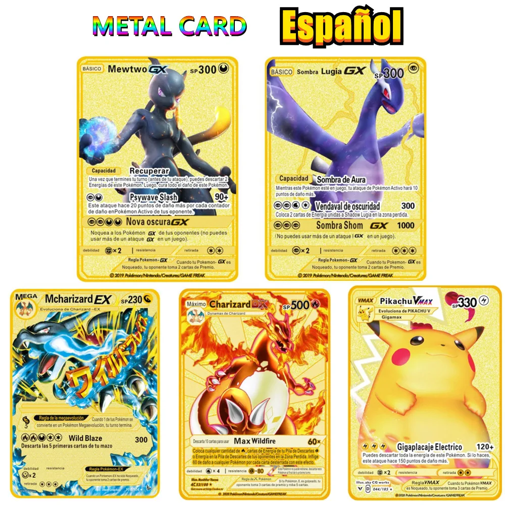 

Pokemon Cards Metal Pokemon Letters Charizard Mewtwo Pikachu Cartas Vmax Cards Iron Shiny Card Gold Metal Card Children's Gifts