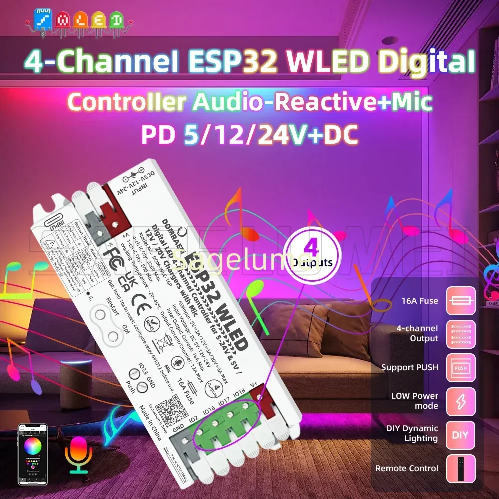 Фото Контроллер DOMRAEM ESP32 WLED, звуковой реактивный микрофон, 4 выхода, 16 А, предохранитель PD 5 В/12 В/20 В постоянного тока 5-24 В для WS281X SK6812 APA102 Pixel Light №2