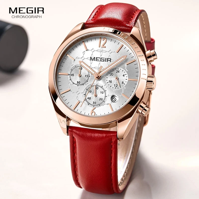 

Frauen Uhren MEGIR Mode Rosa Leder Damen Quarzuhr Frauen Uhr Liebhaber Stunde Relogio Feminino Montre Femme Reloj Mujer