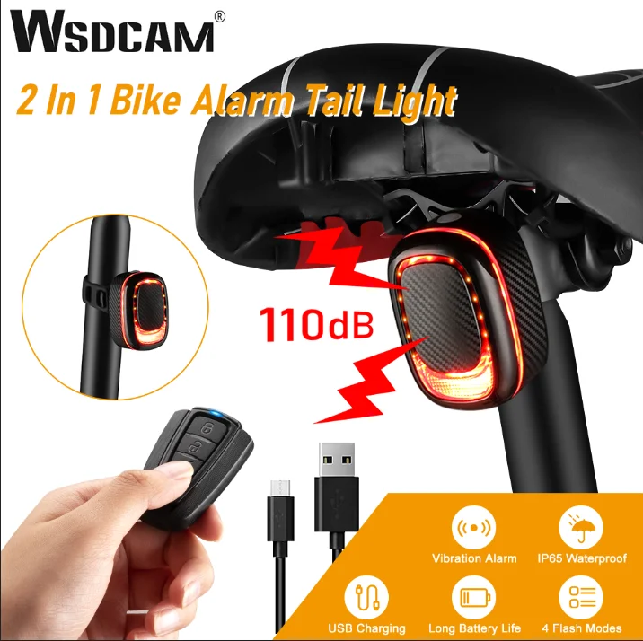 Enlarge WSDCAM Bike Taillight Bike Alarm Remote Control Waterproof USB Rechargeable  Bicycle Vibration Alarm Anti-theft Bike Lamp