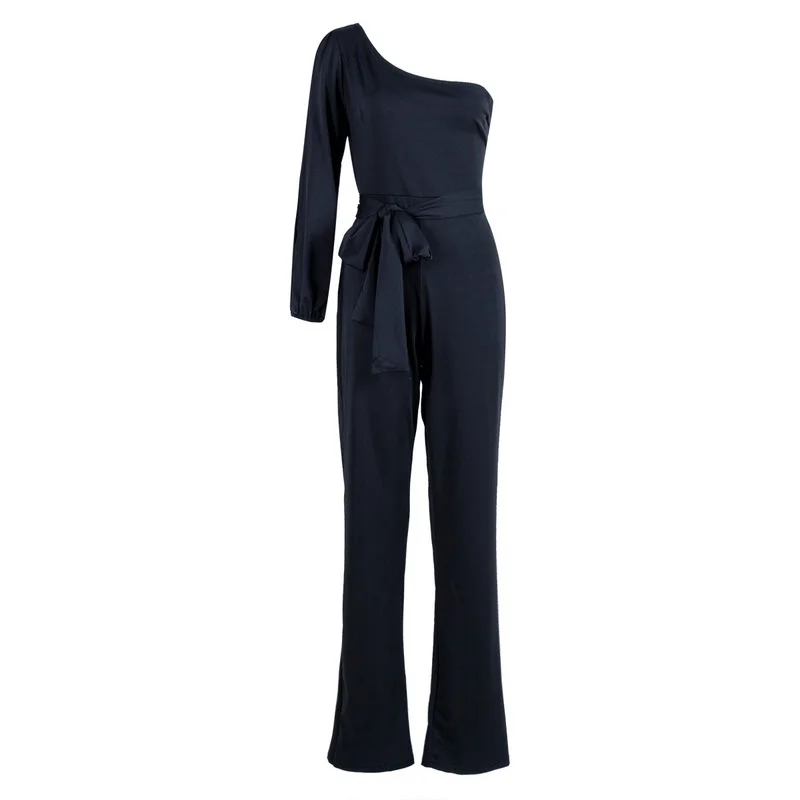 Women Wide Leg One Shoulder Jumpsuit 2021 Sexy Long Romper Female Party Clubwear Lace Up Bow Solid Color Jumpsuits Streetwear