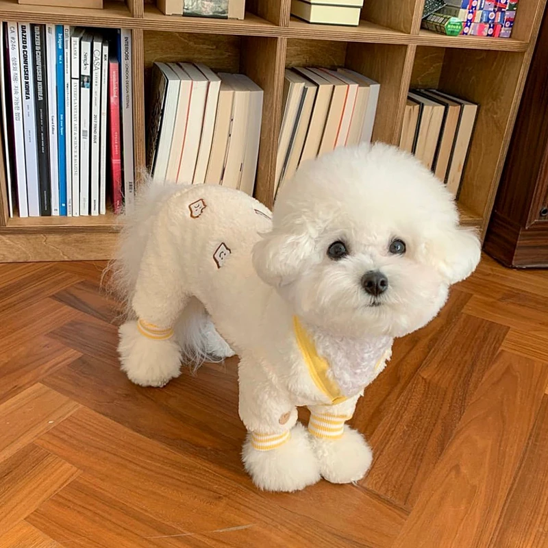 

Classic Toast Print Puppy Clothes Teddy Autumn Winter Warm One Piece Thickened Dog Clothes Pet Soft Four-legged Clothes