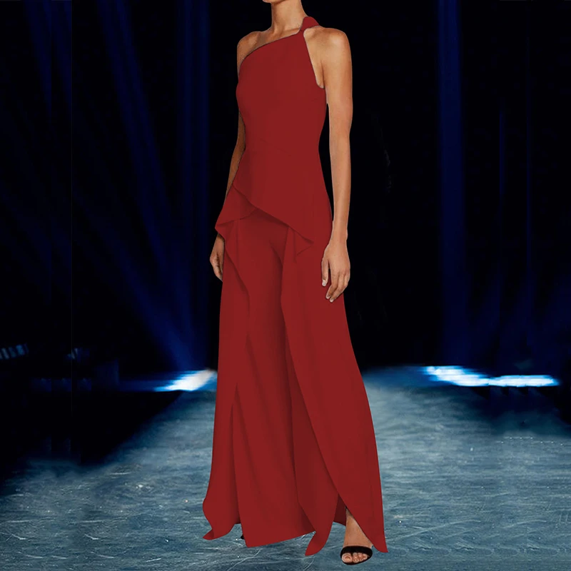 

Women Loose Wide Leg Pants Commute Romper Female Ruffle Waisted Irregular Split Overall 2022 Fashion Solid Slash Neck Jumpsuit