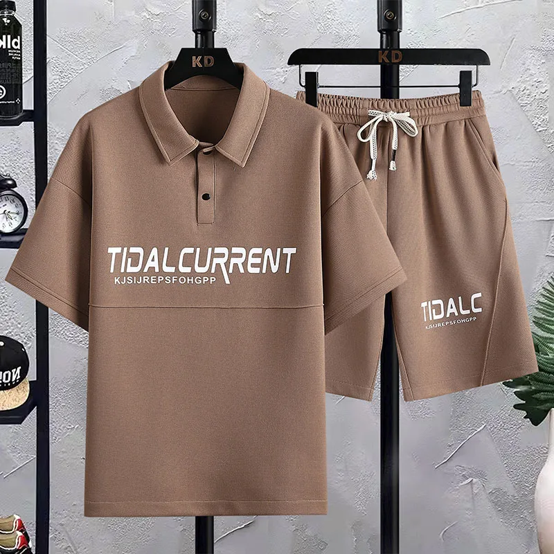Waffle Short-Sleeved T-shirt Men's 2023 Summer Fashion Brand Loose Shorts Set Polo Casual Sportswear Suit
