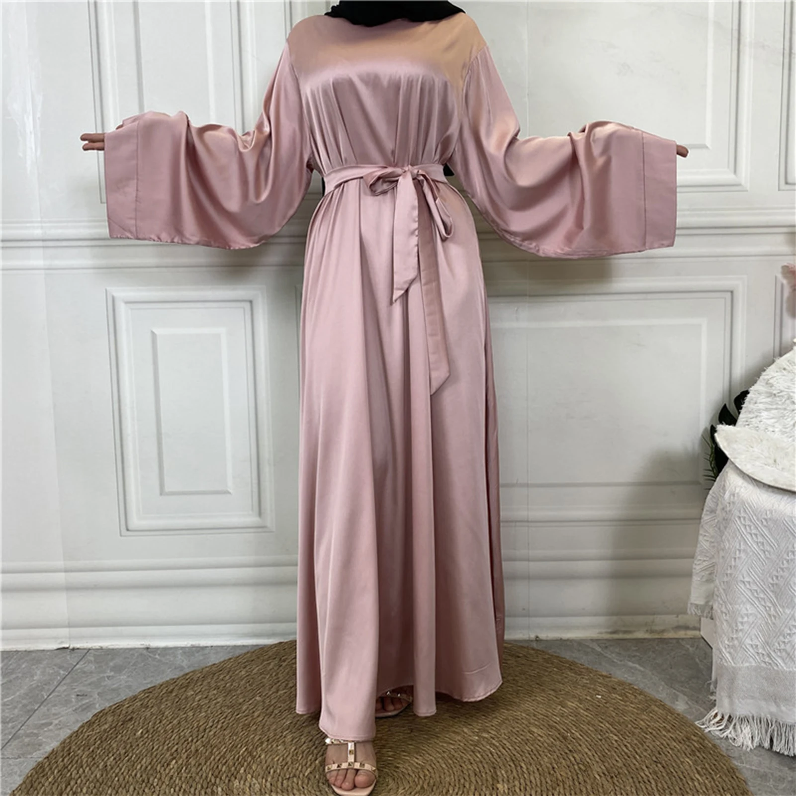 Women's Solid Satin Muslim Dress Casual Long Sleeve O-Neck Abaya for Female Fashion Loose Lace up African Dress Vestidos 2023