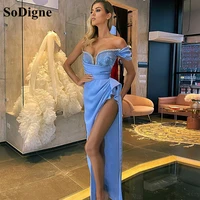 sodigne blue satin mermaid prom dresses beading pleat saudi arabia high side split evening gown formal party dress