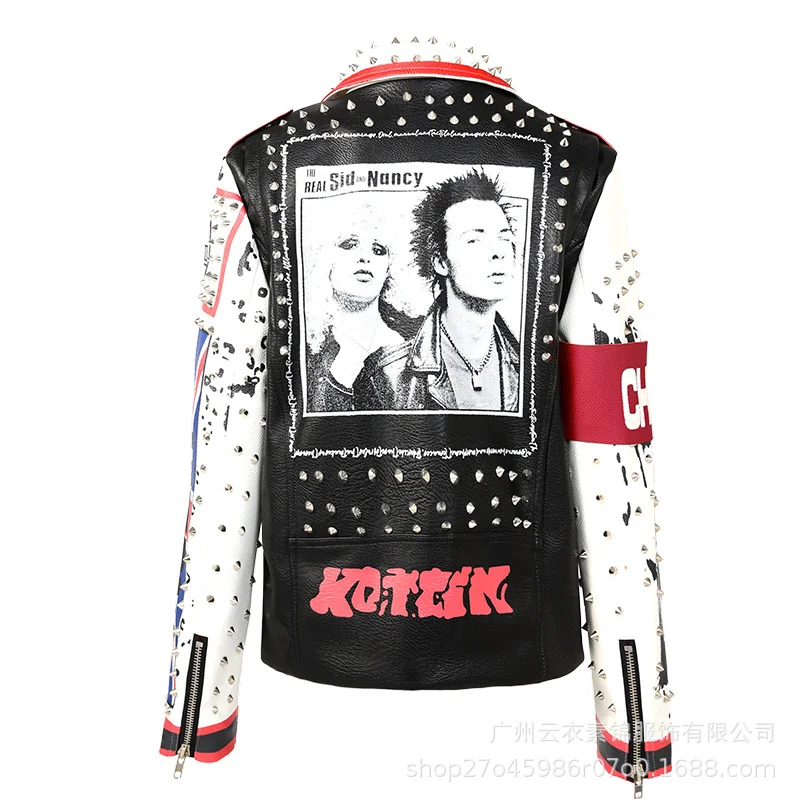 Fashion Graffiti Printing Men'S Leather Coat Motorcycle Suit Heavy Industry Rivet Punk  Jacket Slim And Handsome Stage Performan enlarge