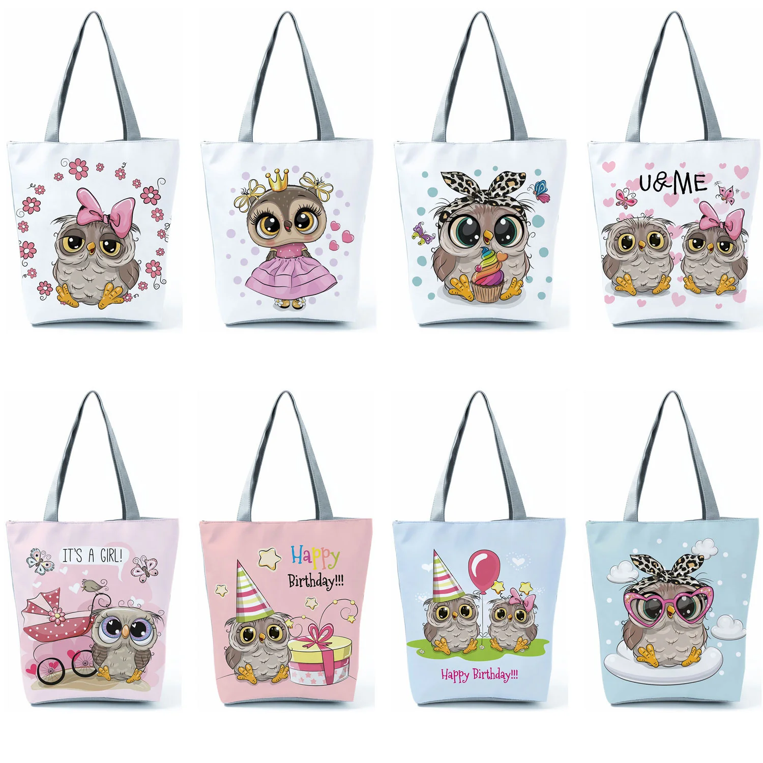 

Cute Owl New Print Handbags High Capacity Shopper Bag Cartoon Travel Beach Foldable Women Shoulder Bag Custom Pattern