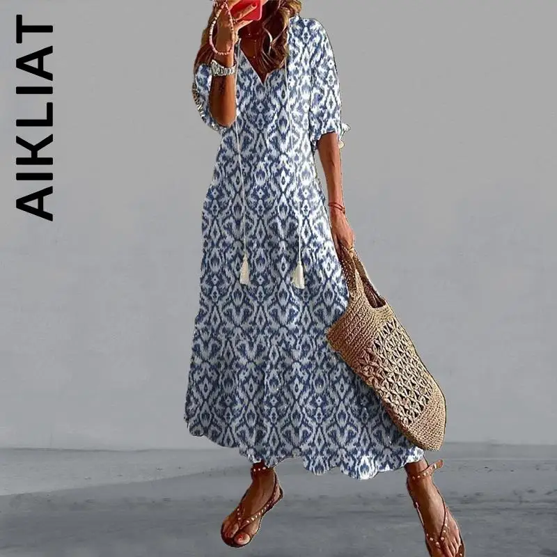 

Aikliat Dress Women New Fashion Half Sleeve Pattern Print Boho Long Dress Popular Cheap Robe Simple Girl Vestidos Dresses Woman