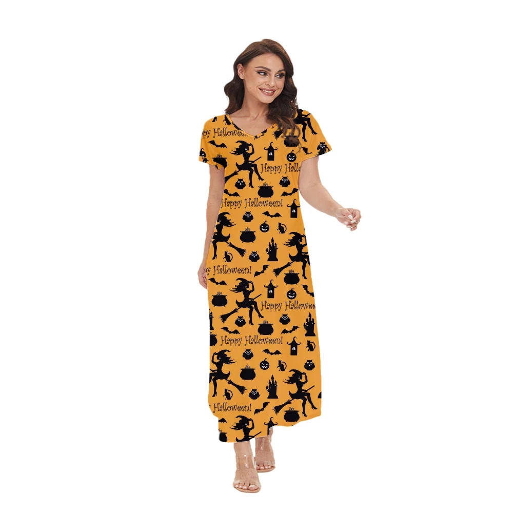 

Women Fashion Irregular Hem Neck Dresses Halloween Printing Short Sleeve Causal Summer Beach Dress Ladies Long Dresses