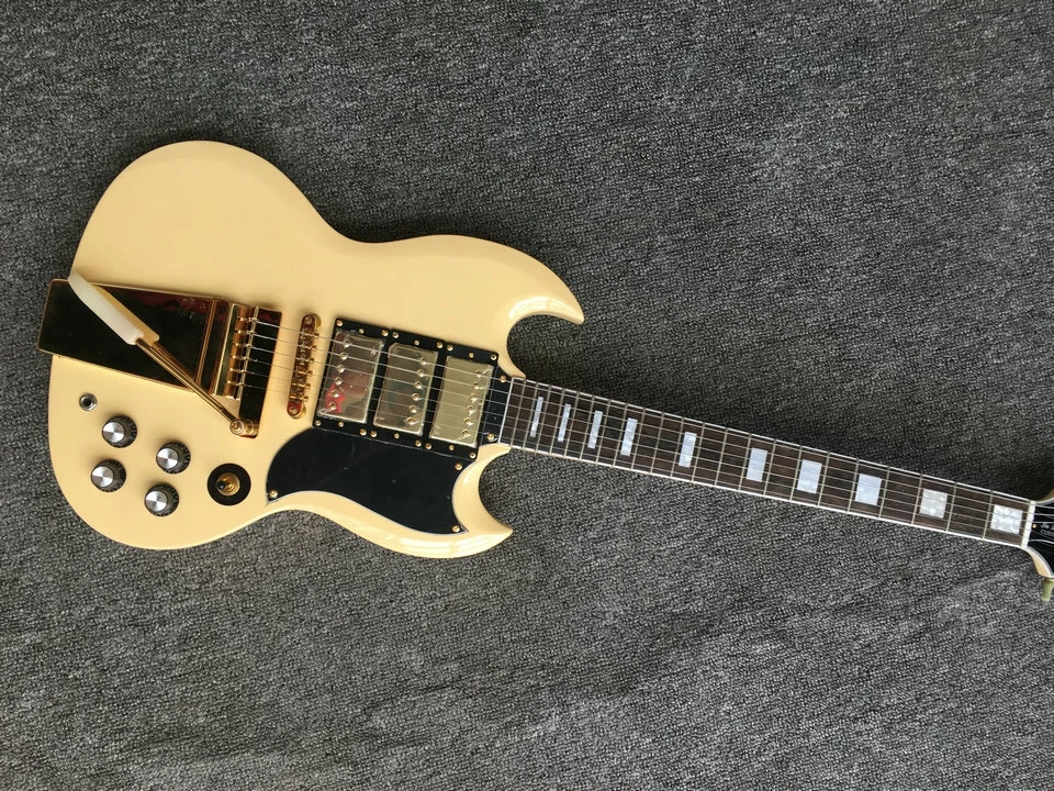 

SG Electric Guitar Cream Yellow Color Gold Hardware With Tremole System Mahogany Body Rosewood Fingerboard