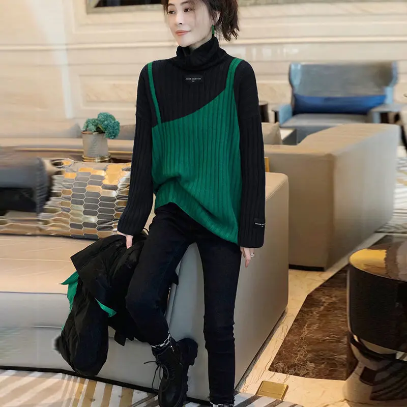 

Fake two-piece turtleneck pullover sweater women niche outside wear fashion soft waxy top spring and autumn pullover sweater