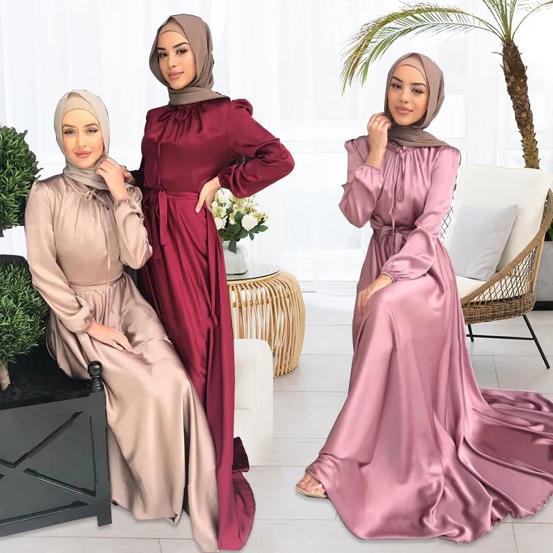 

Muslim Fashion Women Islamic Satin Long Dress Hijab Arab Tunic Dubai Long Sleeve Ribbon Eid Mubarak Turkish Dress Vestido