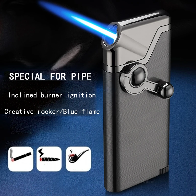 

Thin Rocker Oblique Fire Windproof Metal Pipe Lighter Cigarette Cigar Butane Gas Blue Flame Direct Injection Lighter Men's Gift