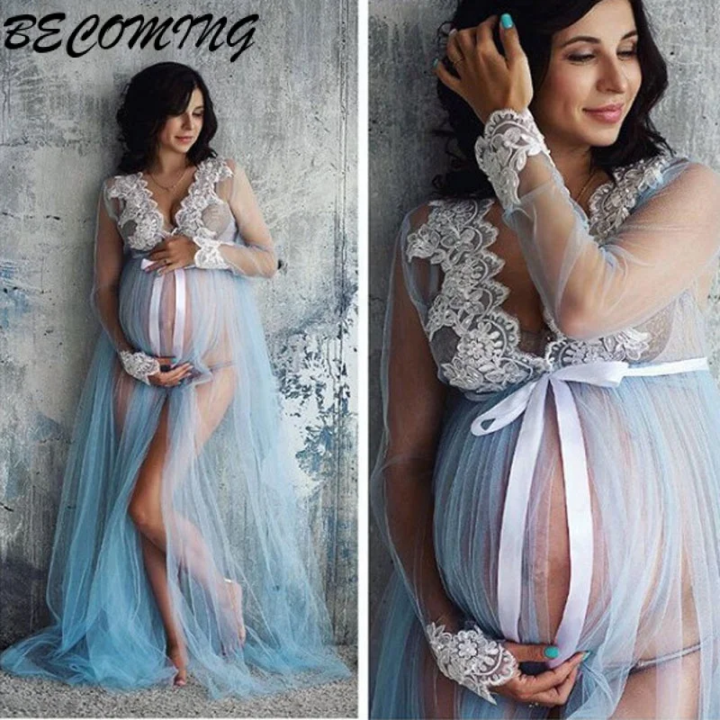

Maternity Dresses for Photo Shoot One-piece Lace Pregnancy Photography Clothes Mopping Dress for Pregnant Front Split Net Yarn