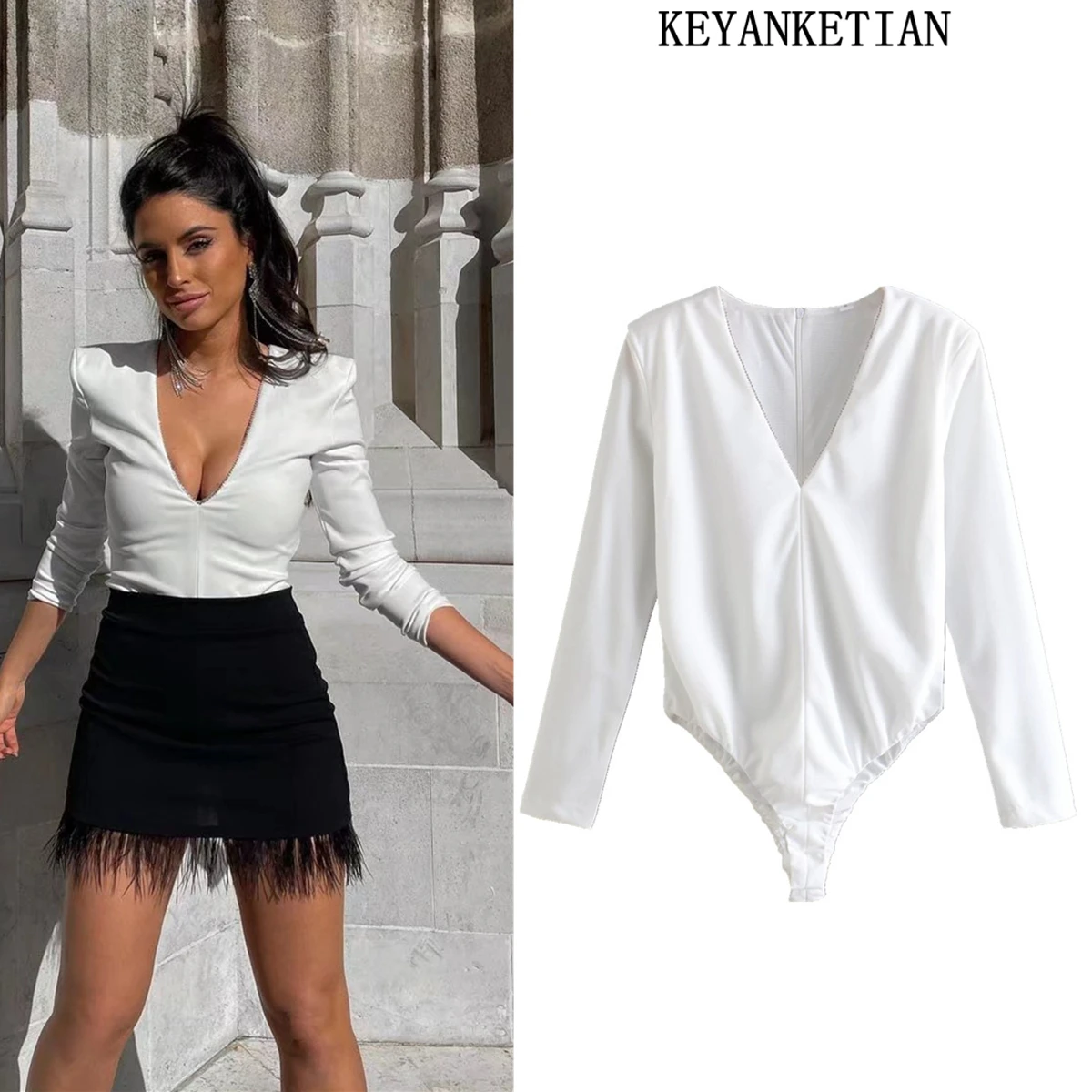 

KEYANKETIAN ZA Ladies Bodysuit Spring/Summer 2022 New Diamond Decoration Bodysuit V-Neck Sexy Top Women