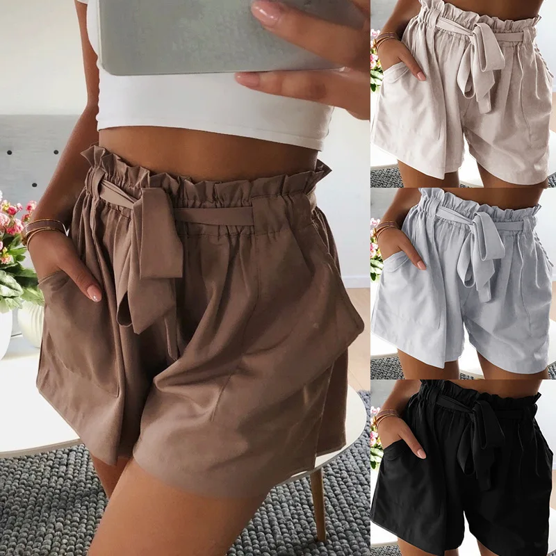 

Summer Hot Sale Elegant Girls Ruffles Bottoms Shorts Sexy Female Fashion Casual High Waist Black White Khaki Crepe Shorts