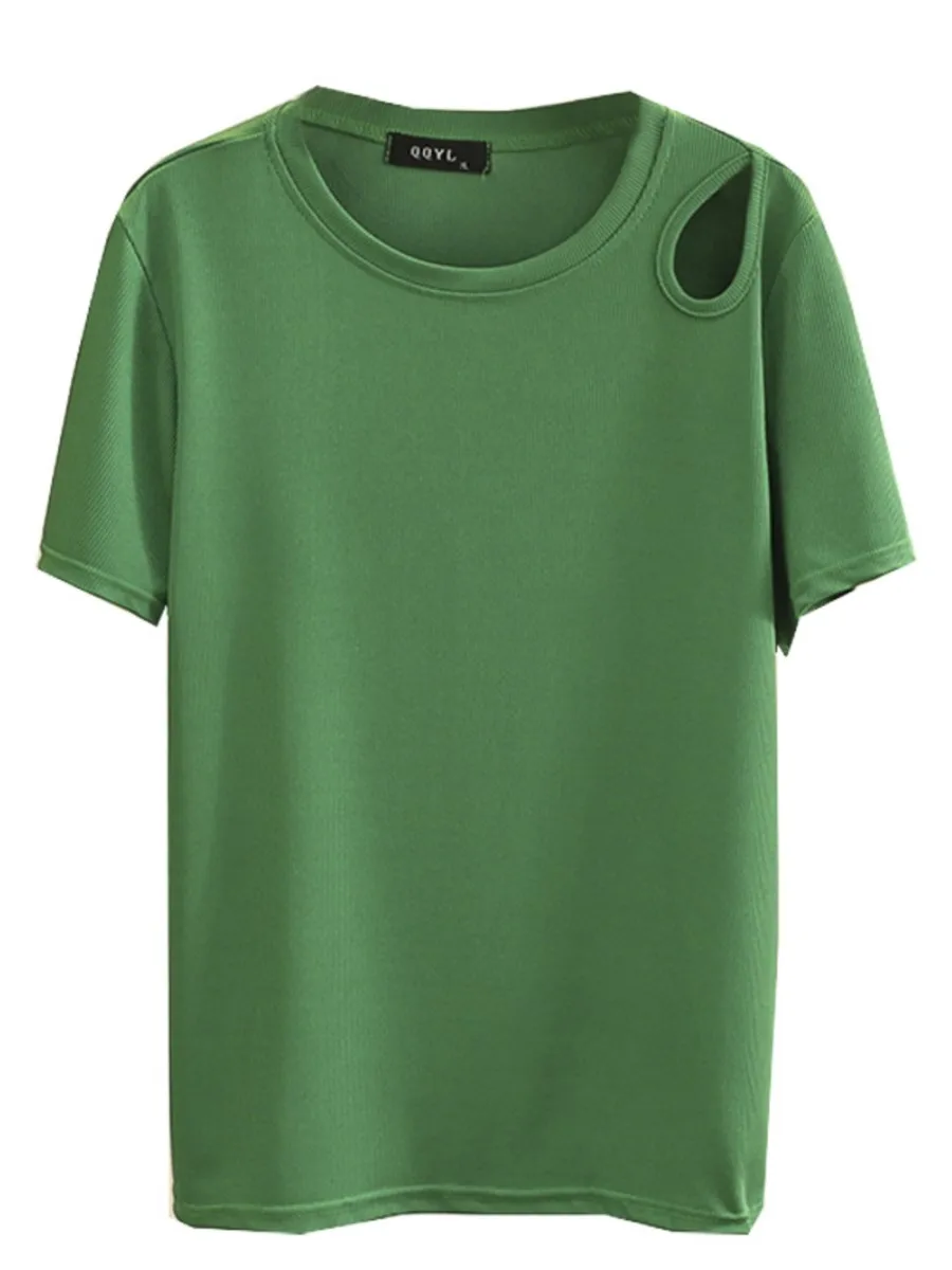 

Plus Size T-Shirt Women 4XL Hollow Out Shoulder Summer 2022 Short Sleeve Solid Color Tops O-Neck Tees