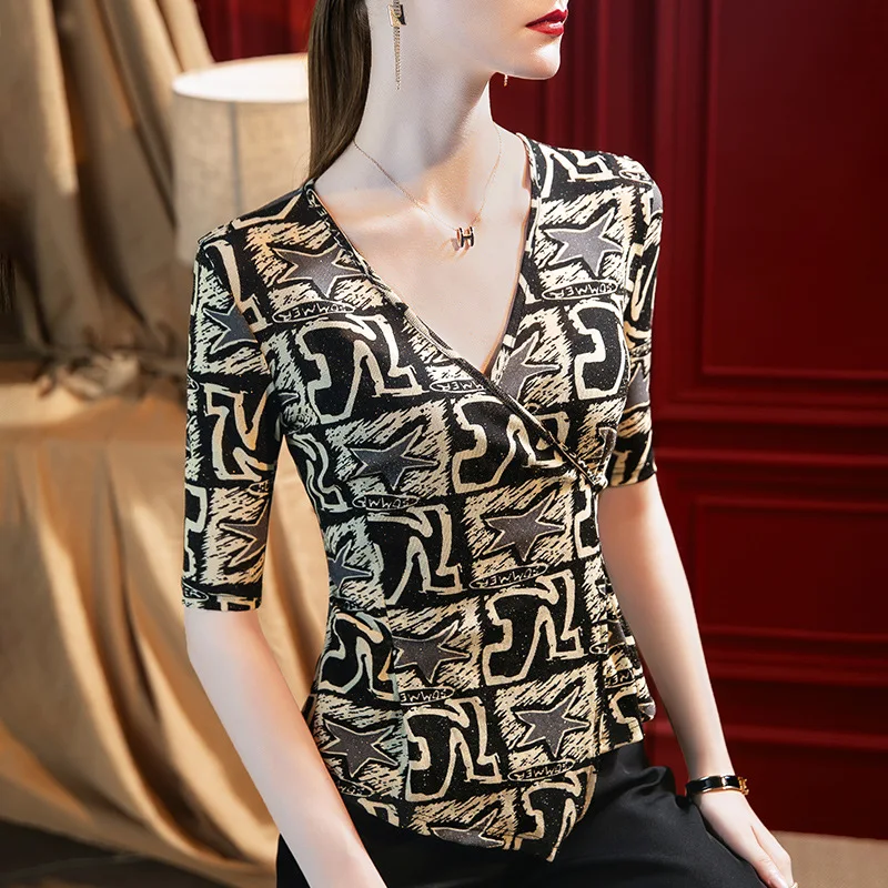 

HIgh Quality 2023 Women T-shirt Print Gauze Design Female Spring Sexy Crop Top Clothes Casual Fashion Blouses Grace Meeting