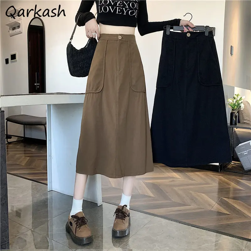 

Юбка-миди Женская свободная в винтажном стиле, шикарная однотонная трапециевидная юбка в стиле Харадзюку, Повседневная универсальная, с завышенной талией, в Корейском стиле, на весну
