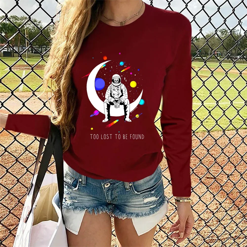 2021wish Amazon осенняя новая женская футболка с буквенным принтом и лунным астронавтом