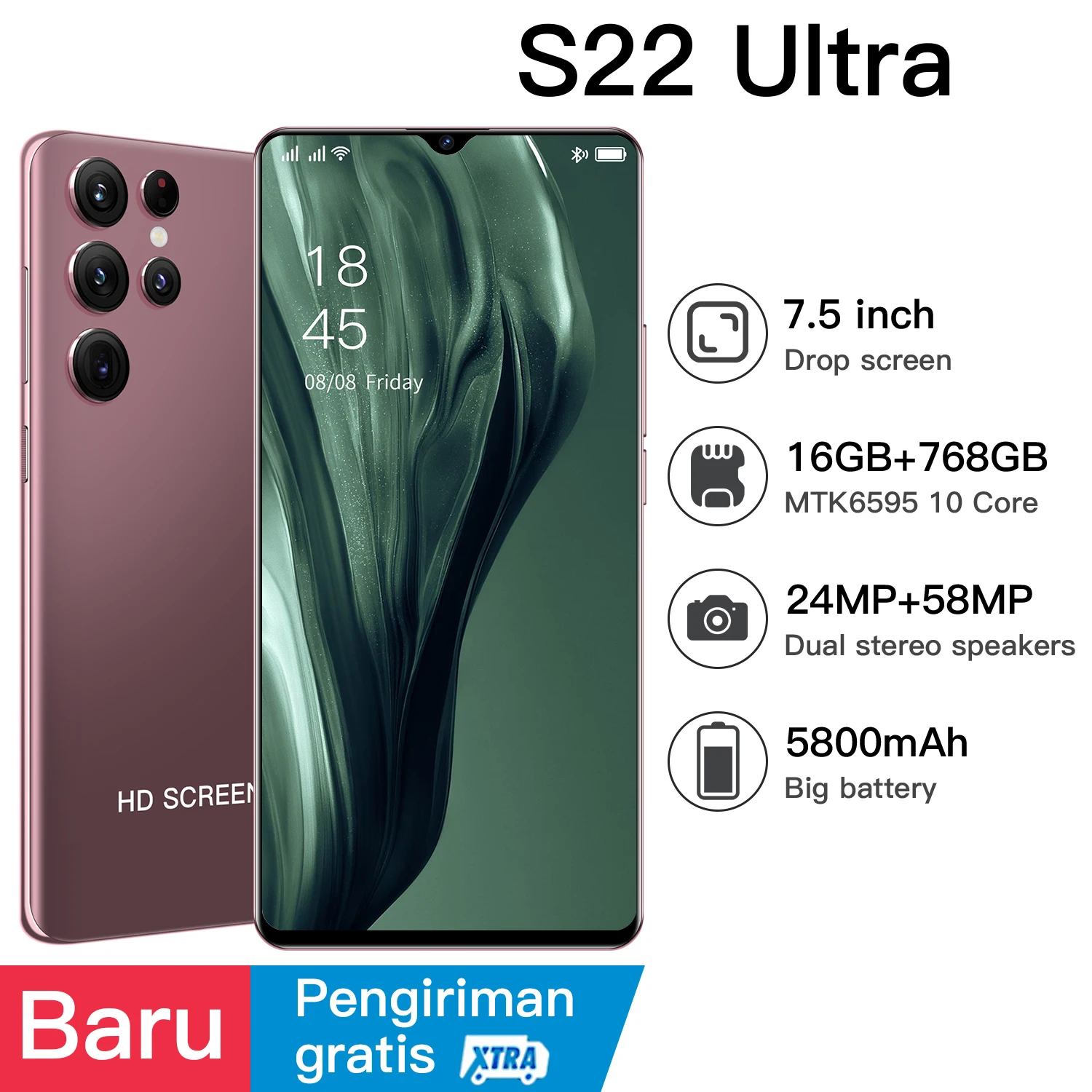 

Смартфон глобальная версия New S22 Ultra, 7,5 дюйма, 16 ГБ + 768 ГБ, 5800 мач