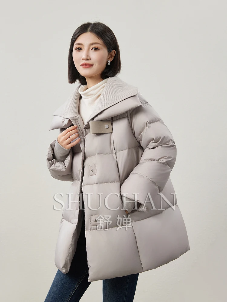 Модная вязаная куртка с воротником 90 белая из искусственной кожи на утином пуху