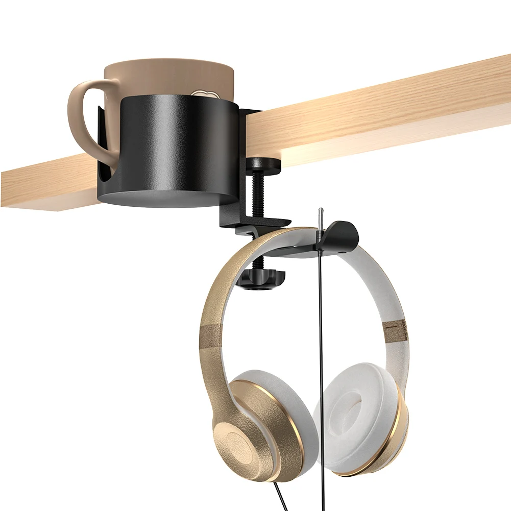 

Multifunctional Headphones Mounted Hanger Cup Holder 360 Rotation Desk Clamp Headset Stand Hanging Earphone Hook Drink Cup Rack