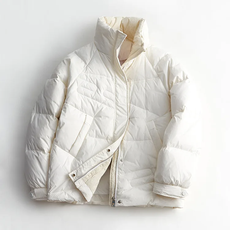 Women Short White Duck Down Jacket Zipper Winter New Fashion Casual Stand-up Black Blue Collar Bread Jackets Trendy Coat Parkas