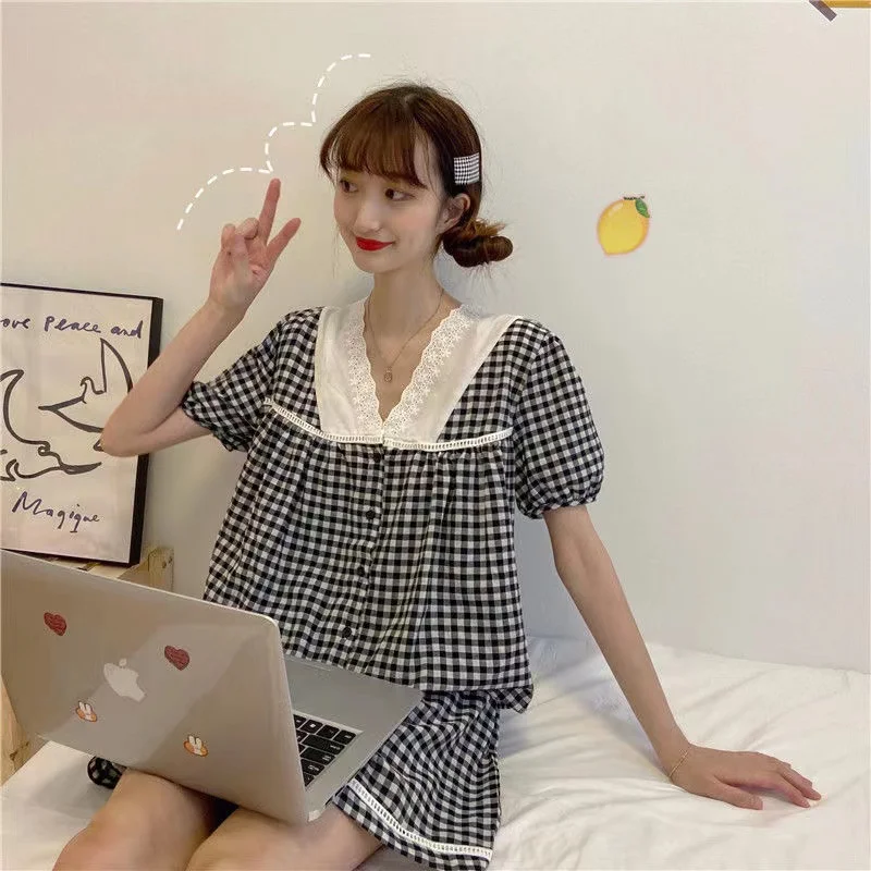 Summer Pajama Set For Women Sweet Plaid Pyjama Suit V-Neck 2022 New Short Sleeve Shorts Homewear Home Clothing Female