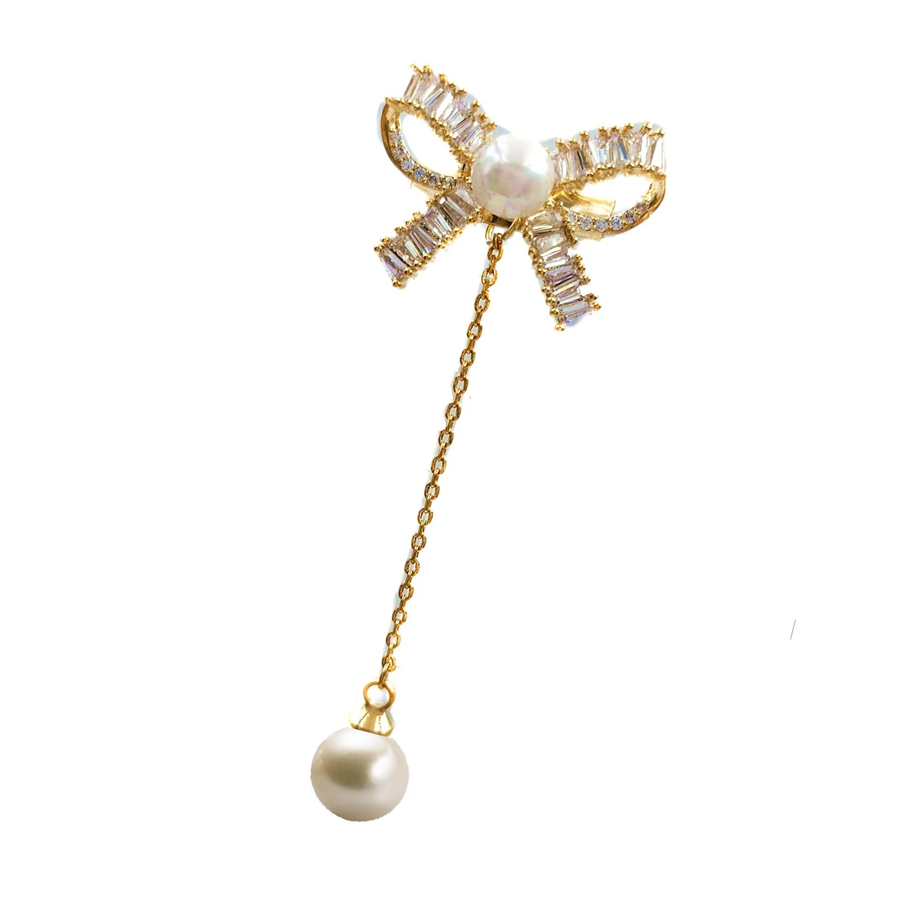 

Modern Vintage Baguette Cut CZ Ribbon Imitated Pearl Bow Collar Pin with Long Chain Drop Summer Dressy Outfit Lapel Accessory