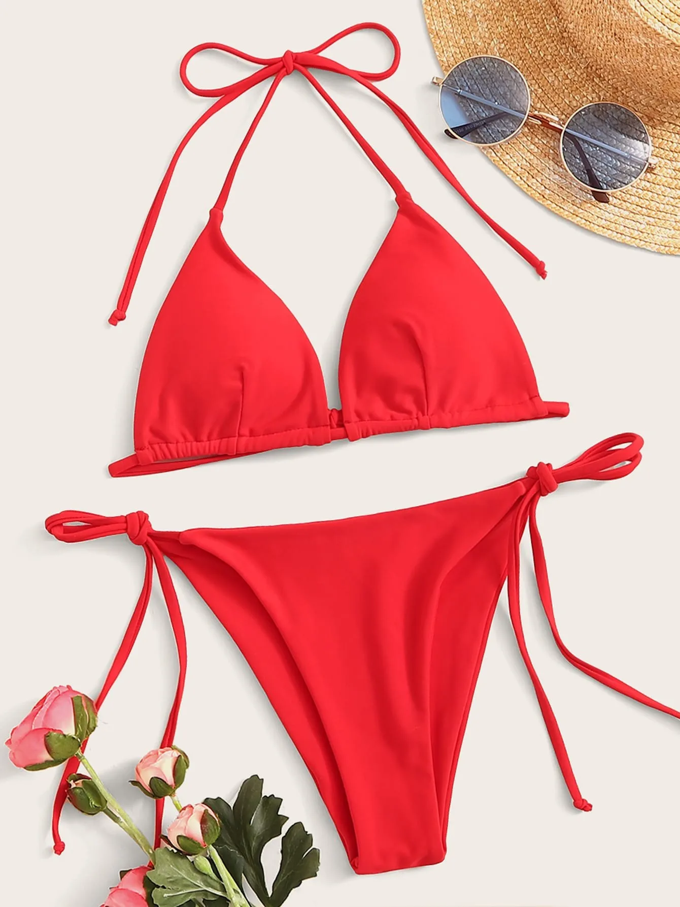 

2022 New Women's Swimwear Two Piece Bikini Triangle Cup Halter Sexy Summer Tether Swimsuit To Beach High Quality