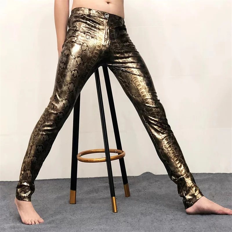 

Python pattern Leather Pants men and women trousers gold elastic rubber belt tights fitness yoga nightclub sexy dance performanc