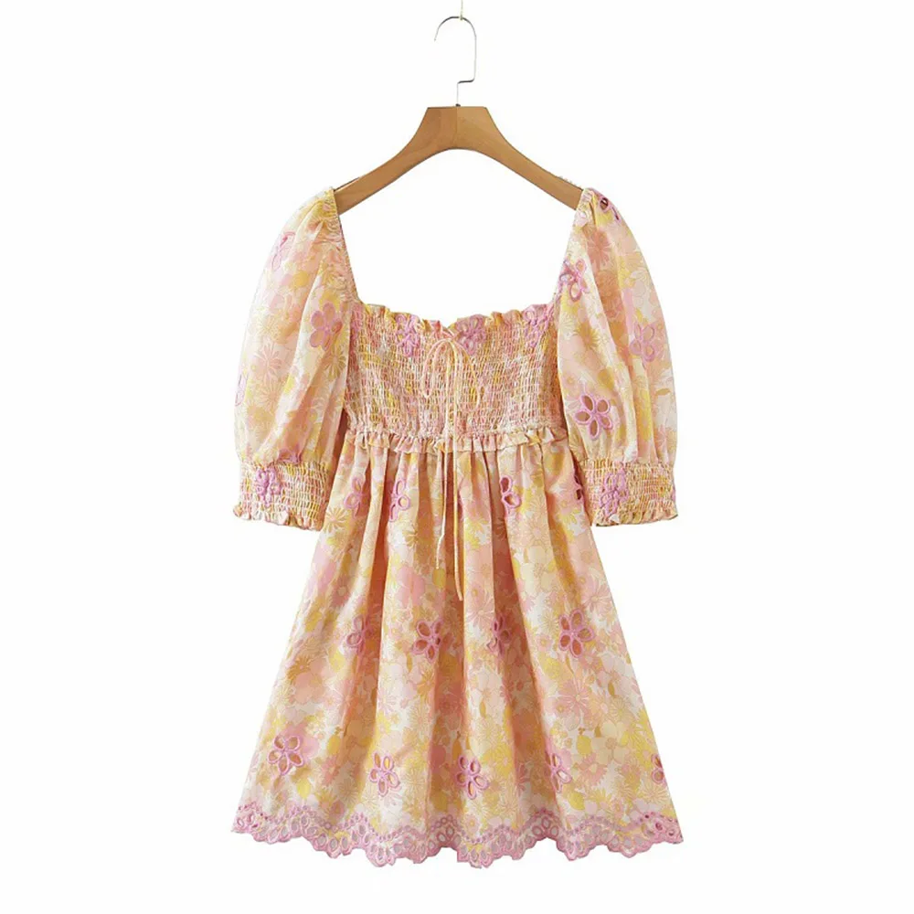 

Short Sleeve Square Neck Print Above Knee Pullover Women's Dress Summer New Square Neck Tie Embroidered Hollow Print Dress Woman