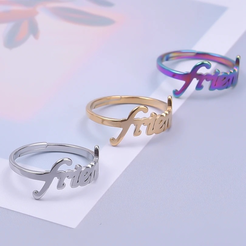 

Letter Friend Ring Open Adjustable Finger Jewelry Rainbow/Silver/Gold Color Stainless Steel Rings For Women Men Accessories Gift