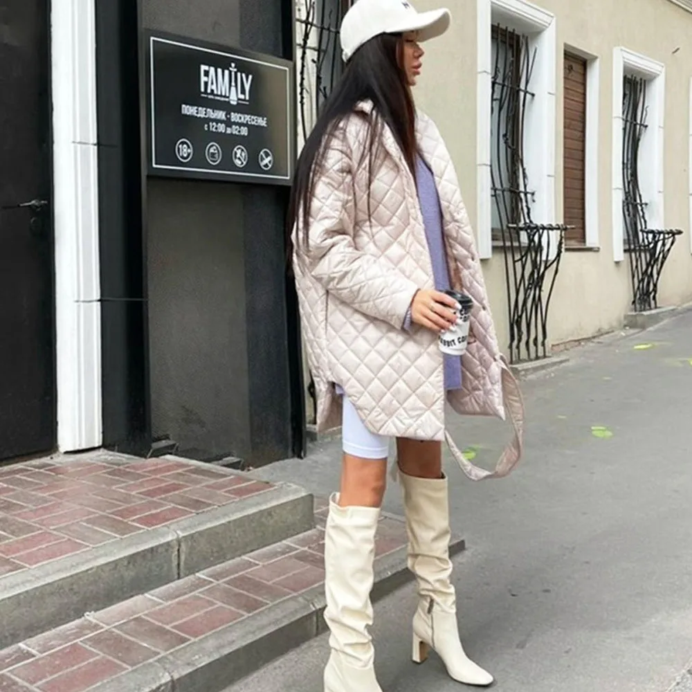 Winter Coat For Women 2022 Casual Warm Long Loose Thicken Parkas Female Solid Belted Plaid Slim Cotton Puffer Jackets Outwear