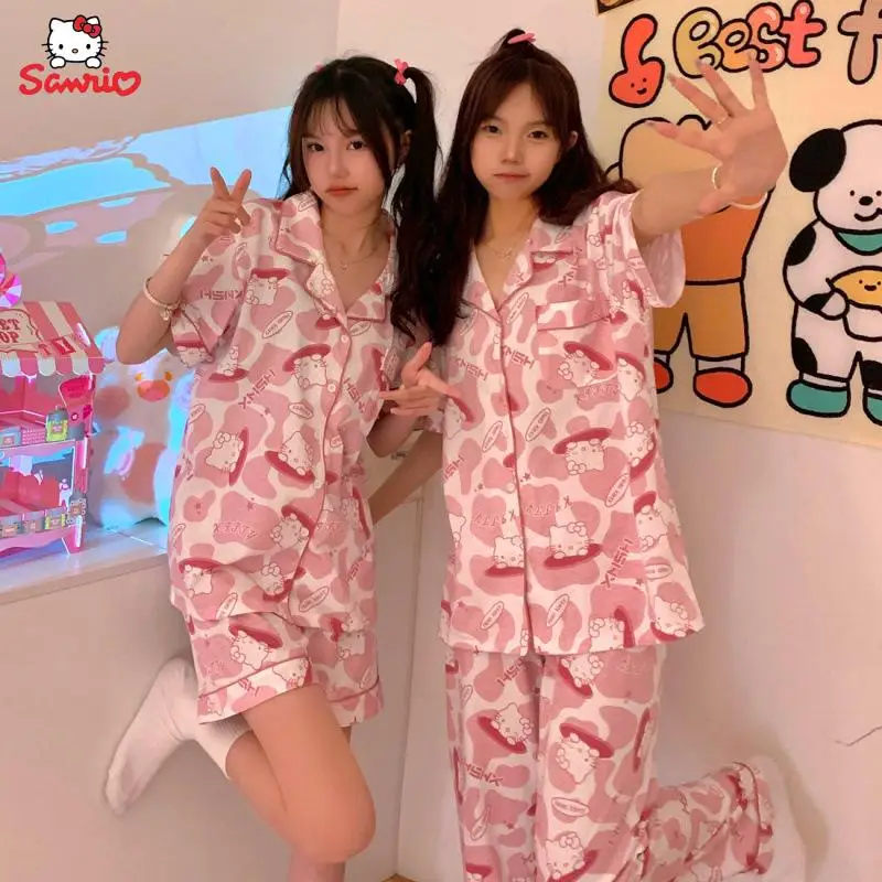 

Пижама из трех частей Hello Kitty, Хлопковая пижама с героями аниме Sanrio Hellokitty, летние шорты, студенческий кардиган, домашняя одежда, подарок