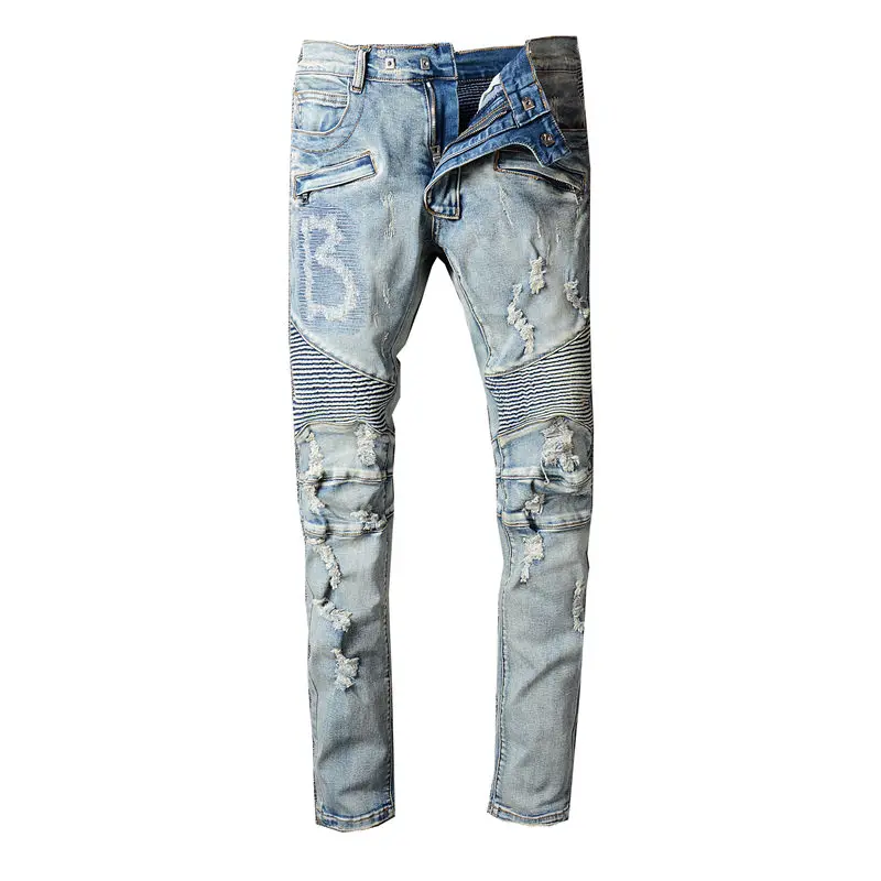 

Men Biker Jeans Embroidery Trousers Hole Denim Pants #979