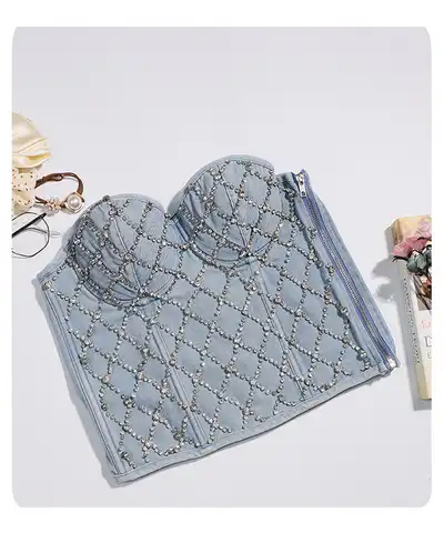 IRENE TINNIE New Women Sexy Fashion Crop Top Diamond Flower Denim Strapless Vest Bustier Bra Night Club Party Tank Top Female