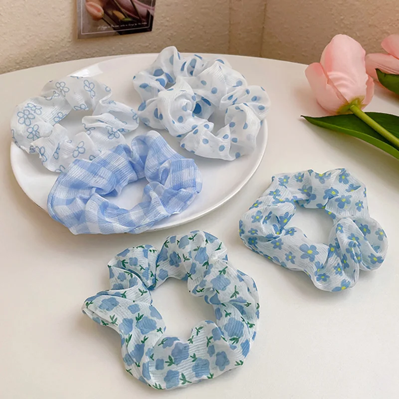 

Sweet Blue chifffon Scrunchies Hair Ties Girls Ponytail Holders Rubber Band Elastic Hairband Hair Accessories