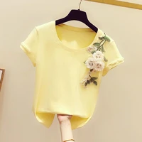 o neck flower embroidery pullover t shirt women loose casual yellow short sleeve tees summer clothing 2022 new cotton top j338