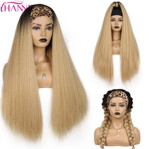 Hanne Headband Wig Kinky Straight Hair Yaki Straight Wig Synthetic Hair Blonde Wig With Dark Roots 26Inch Wigs For Women Cosplay