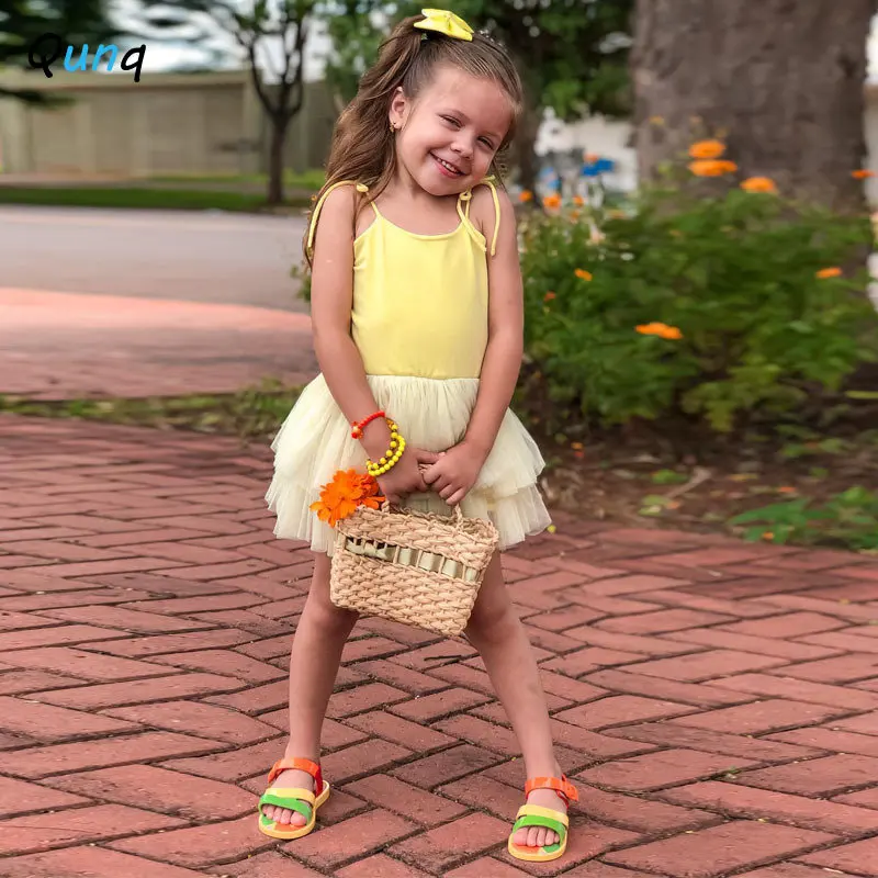 

Qunq 2023 Summer Ins New Girls Lovely Solid Sleeveless Bind Suspenders Mesh Splice Bubble Skirt Casual Kids Clothes Age 3T-8T